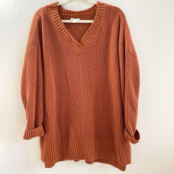 Westbound Sweaters - Westbound Womens 2X Long Sleeve Burnt Orange Ribbed V Neck Knit Sweater